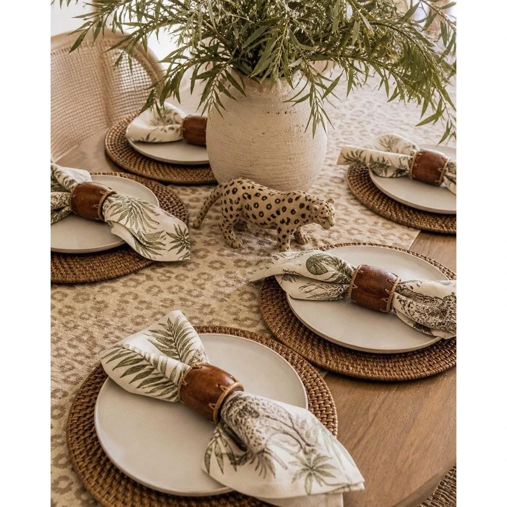 Set of 6 Pier 1 Imports Tamarind Napkin Rings Brown W/ Raffia-style Stitching